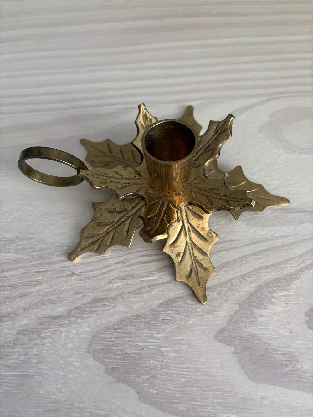 Vintage Brass Leaf Chamberstick Candle Holder Made in India 6"x5"x2" Heavy